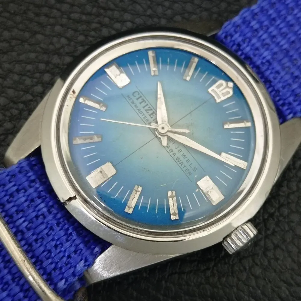 Vintage 1981 Citizen Manual Wound Mens Silver Watch & Blue accents